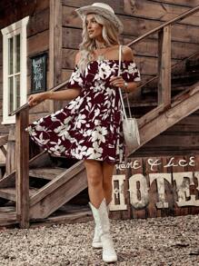 LanaWest Women's Floral Print Ruffle Ruffle Hem Casual Dress - Burgundy - View 5