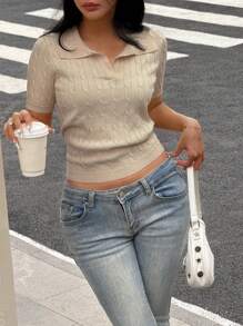 Flirla 女式夏季纯色 Polo 领短袖钩针针织上衣 - 杏色 - 查看 6