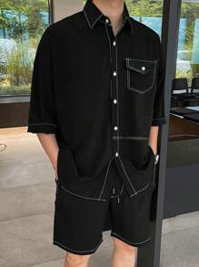 Claim Dot Men's Casual Contrast Stitching Shirt & Shorts Set, Summer - Black - View 4