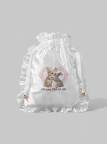 ROMWE Kawaii 图案：1002374 心形蕾丝兔子化妆包，带抽绳的旅行内衣收纳袋