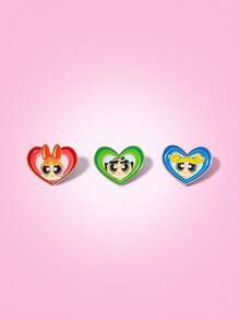 THE POWERPUFF GIRLS X SHEIN Broche en émail en forme de cœur avec les motifs Fleur, Bulle, Capucine, accessoire créatif et raffiné, insigne en alliage