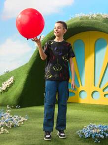 Teletubbies X SHEIN Tween Boy 霓虹卡通图案黑色休闲短袖 T 恤 - 黑色 - 查看 4