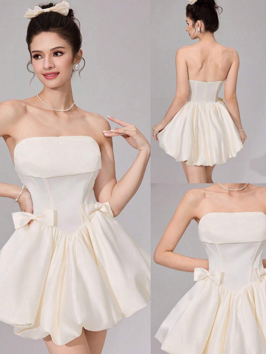 Modelyn Váy mini satin trễ vai thanh lịch, eo buộc dây, xẻ chữ V, có nơ, thiết kế bồng bềnh - trắng - Xem 1