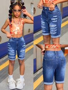 SHEIN Quần short denim rách cạp cao dáng suông cho bé gái tuổi teen mùa xuân hè, kiểu dáng ôm sát, phong cách boho, thích hợp cho đi biển, hòa nhạc, lễ hội âm nhạc, tốt nghiệp. - Rửa trung bình - Xem 1