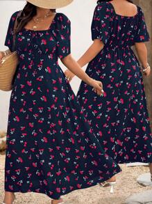 SHEIN Clasi Plus Size Cherry Print Pattern Short Sleeve Halter Neck Chest Tie Up Waist Back Elastic Hem Side Split Ankle Length Dress, Cute For Vacation/Dating - Multicolor - View 7