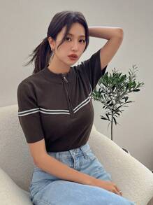 Dazy-Less Striped Contrast Color Stitching Business Casual Style Slim Fit Pullover Zipper Sweater Women's Knitted Top - Brown - View 6
