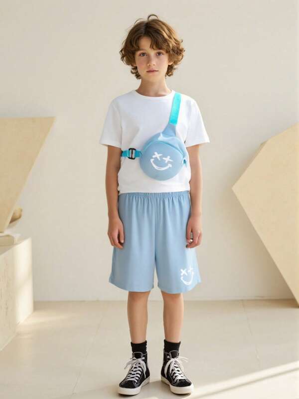 SHEIN Tween Boy 3pcs Solid Tee & Cartoon Graphic Shorts & Bag Set