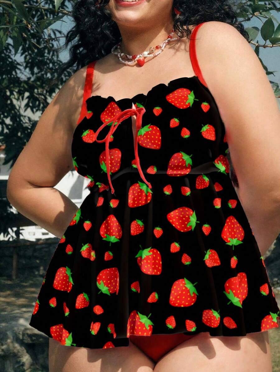 Swim Mod 2pcs/Set Plus Size Women Strawberry Print Flounced Spaghetti Strap Tankini, Casual And Simple For Holiday And Vacation For Summer - Multicolor - View 1