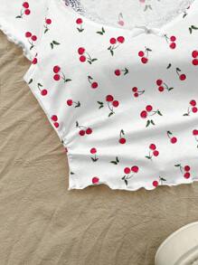 Soleia Cherry Pattern Lace Fitted Short Sleeve T-Shirt, Suitable For Summer - Multicolor - View 4