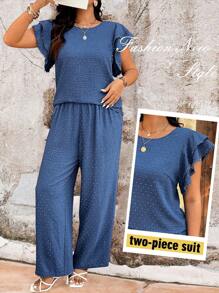 SHEIN LUNE 大码纹理仿亚麻面料圆领分层盖袖蕾丝花边衬衫 + 直腿宽松裤 2 件套 - 藍色 - 查看 7