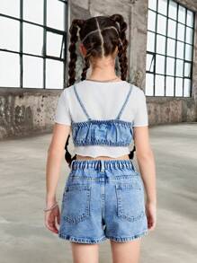 Tween Girls 2 件套牛仔套装 - 时尚水洗牛仔上衣，带有心形刺绣和配套牛仔短裤，时尚休闲装 - 中等水洗藍 - 查看 2