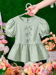 Bluză de cămașă verde țesătă pentru fetiță, ocazională, elegantă, texturată, potrivită pentru vară, vacanță, în aer liber, cumpărături