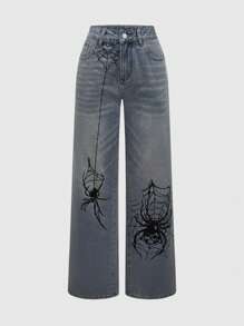 ROMWE Grunge Punk Große Größen Locker Sitzende Freundjeans mit Spinnen-Muster in Dunkelton