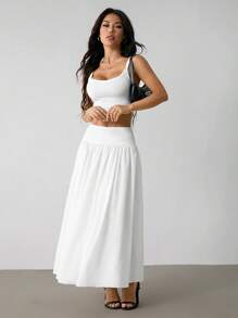 SHEIN PETITE Váy dài nữ màu trơn co giãn cạp cao, mùa đông, váy dài, váy mùa thu, váy đi chơi, váy mùa thu cho nữ, váy dạ hội, váy trắng, váy tốt nghiệp cho nữ, váy đi làm thường ngày - trắng - Xem 3
