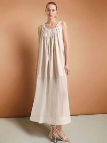 Ontre 2025 Women Solid Color Pleated Round Neck Sleeveless Casual Dress