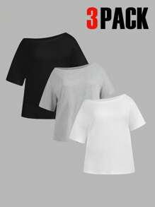 SHEIN EZwear 3pcs Plus Size Solid Color Asymmetric Neck Loose T-Shirts, Summer Wear - Multicolor - View 1