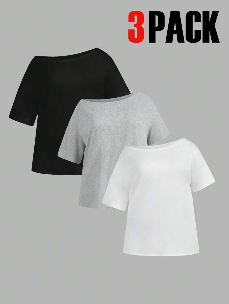 SHEIN EZwear 3pcs Plus Size Solid Color Asymmetric Neck Loose T-Shirts, Summer Wear - Multicolor - View 1