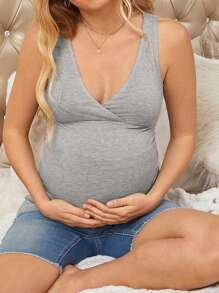 SHEIN Maternity Solid Color Cross V-Neck Slim Fit Casual Tank Top