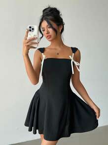 Aloruh Vestido mini con contraste de blanco y negro con lazo - Blanco y Negro - Ver 6