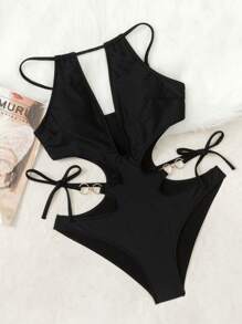 SHEIN Swim 1pc Black Solid Color Backless Cutout Metal Accent Sexy One-Piece Swimsuit, Summer - Black - View 5