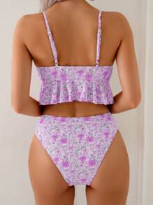 SHEIN Swim Women's Summer Sexy V-Neck Ruffle Trim Spaghetti Strap Vest Camisole Bikini - Multicolor - View 2