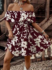 LanaWest Women's Floral Print Ruffle Ruffle Hem Casual Dress - Burgundy - View 3