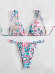 Swim Mod Conjunto de bikini con estampado todo sobre de mujer, para vacaciones de verano