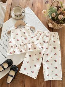 SHEIN LMoss Kids Babygirl Lovely Summer Vacation Floral Ruffled Sleeveless Top And Elastic Waist Pants Set