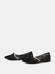 CUCCOO HITCHD 女式夏季新款珍珠链丝带扭纹镂空蕾丝设计尖头平底优雅舒适黑色蕾丝网眼芭蕾平底鞋，适合婚礼、伴娘、新娘、休闲下午茶、约会 - 黑色 - 查看 13