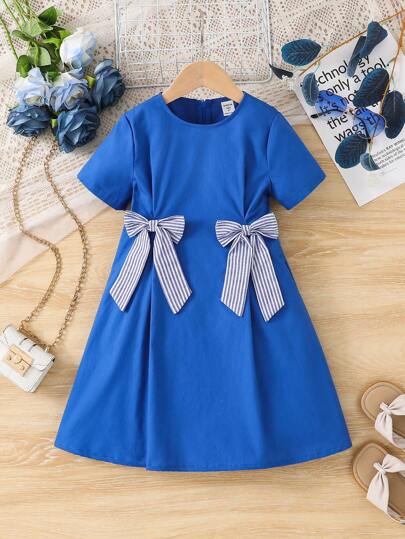 年轻女孩梭织纯色圆领拼接3D条纹蝴蝶结连衣裙