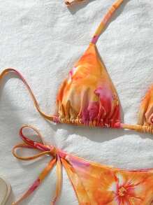 SHEIN Swim Women's Random Print Halter Neck Tied Bikini Set, Summer