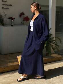 Livesso Bộ đồ thể thao nữ kiểu phương Tây, màu trơn, chất liệu giả denim, dáng rộng, thoải mái, gồm 2 món, thích hợp cho kỳ nghỉ xuân. - Màu xanh hải quân - Xem 4