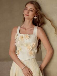 MOTF PREMIUM FLORAL APPLIQUED SQUARE NECK TANK TOP,VALENTINE'S DAY - Apricot - View 3