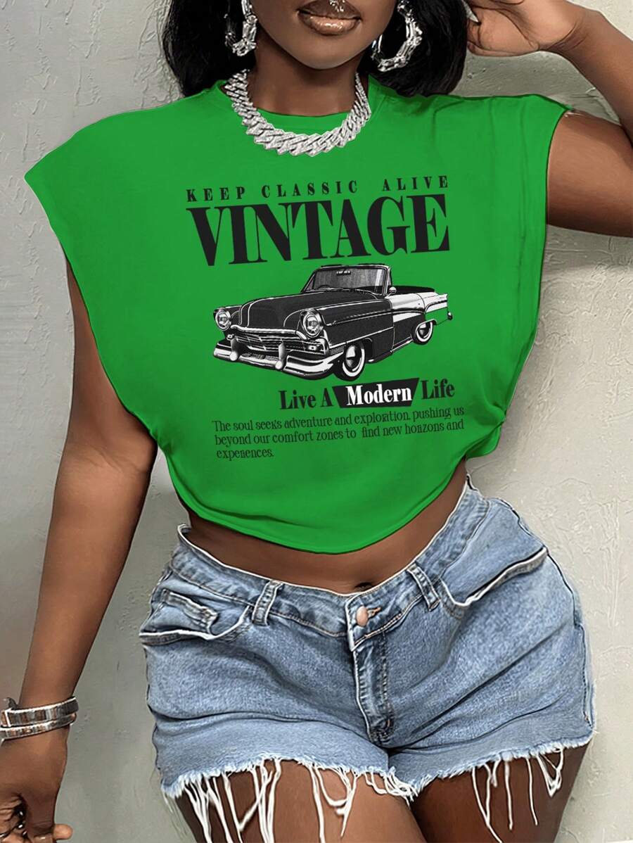 Slaydiva Lässiges Vintage-T-Shirt mit klassischer Autografik und Rundhalsausschnitt, kurzes, lockeres T-Shirt für Damen, geeignet für den Sommer
