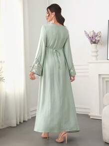 Al Najma Colorful Embroidered & Bead Decor Flare Sleeve Round Neck Maxi Arabian Dress, Modest
