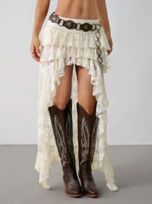 SHEIN PETITE Hippie Cowgirl 90s Ultra Low Waist Lace Tiered Mini Front Long Back Long Skirt Boho - Apricot - View 4