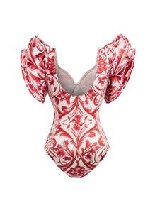 SHEIN LUNE Plus Size Women Elegant White Background Red Flower Cap Sleeve Deep V Backless Bodysuit With Long Skirt, 2 Pieces Set, Spring/Summer - Red and White - View 7