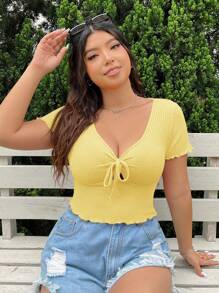 SHEIN EZwear Women Plus Size Summer Waffle V-Neck Chest Tie Bow Cropped Solid Color T-Shirt - Yellow - View 4