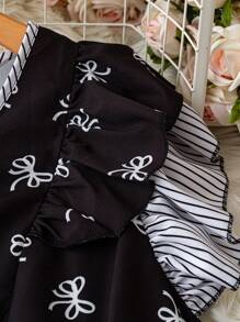 SHEIN LUNE Áo sơ mi tay lửng kẻ sọc nơ thắt nút thường ngày cho kỳ nghỉ cỡ lớn Ngày của mẹ Mùa hè Đơn giản & Thời trang Boho - Đen và trắng - Xem 4