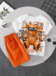 SHEIN Baby Boys/Girls Orange Cartoon Bear Graphic Round Neck Short Sleeve Pullover Top And Solid Color Shorts 2 Pieces Set, Soft And Comfortable, Fashionable Street Casual Sports Outfit, Suitable For Summer - Orange - View 2