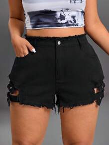 SHEIN ICON Shorts vaqueros casuales de talla grande con botón y dobladillo deshilachado, para verano