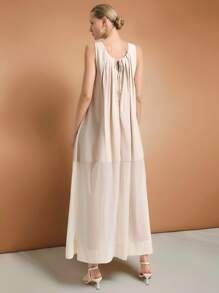 Ontre 2025 Women Solid Color Pleated Round Neck Sleeveless Casual Dress