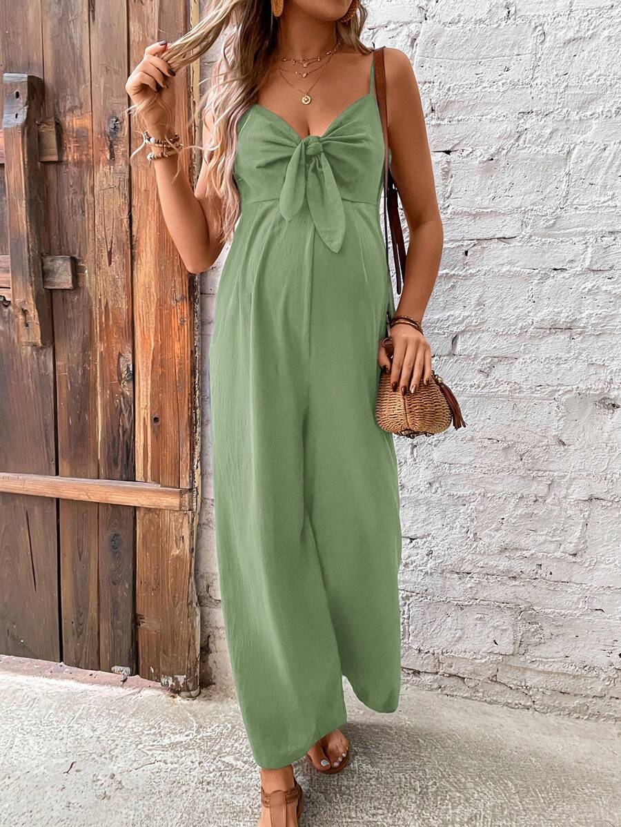 SHEIN 孕妇度假休闲纯色连体裤 - 綠色 - 查看 1