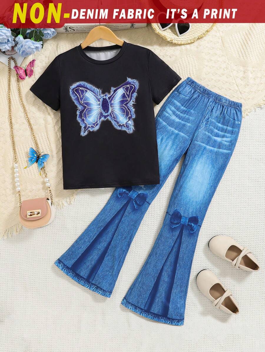 2pcs/Set Tween Girl Butterfly Print Design Denim Effect Casual Round Neck Short Sleeve T-Shirt & Flared Pants Set, Suitable For Spring And Summer - Black - View 1