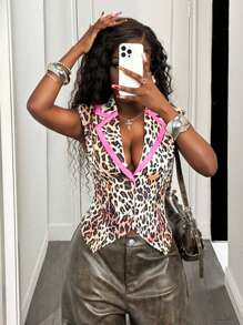 BamGleam Fashionable Contrast Leopard Print Sleeveless Suit - Brown - View 8