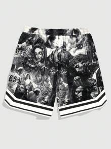 ROMWE MEN Street Life Pantalones cortos casuales holgados con cordón en la cintura y estampado de Jesús - Negro - Ver 2