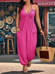 SHEIN LUNE Plus Size Textured Fabric V-Neck Pocket Drawstring Jumpsuit For Casual, Home, Travel & Holiday Wear - Hot Pink - View 4