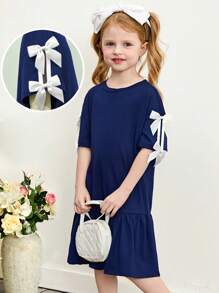 SHEIN Leap Crew Young Girl Color Block Bow Decor Loose A-Line Round Neck Short Sleeve Casual Dress,Cute & Elegant & Sweet & Vintage & Fashionable. - Navy Blue - View 5