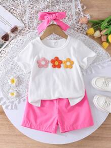 2pcs/Set Girls Young Girl Colorful Floral Print Round Neck Short Sleeve T-Shirt And Shorts Set, Spring/Summer - Hot Pink - View 8