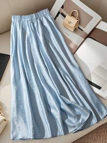 SHEIN Unity Váy Maxi chữ A thanh lịch lãng mạn bằng vải satin dệt jacquard cỡ lớn cho nữ - Màu xanh lam - Xem 2